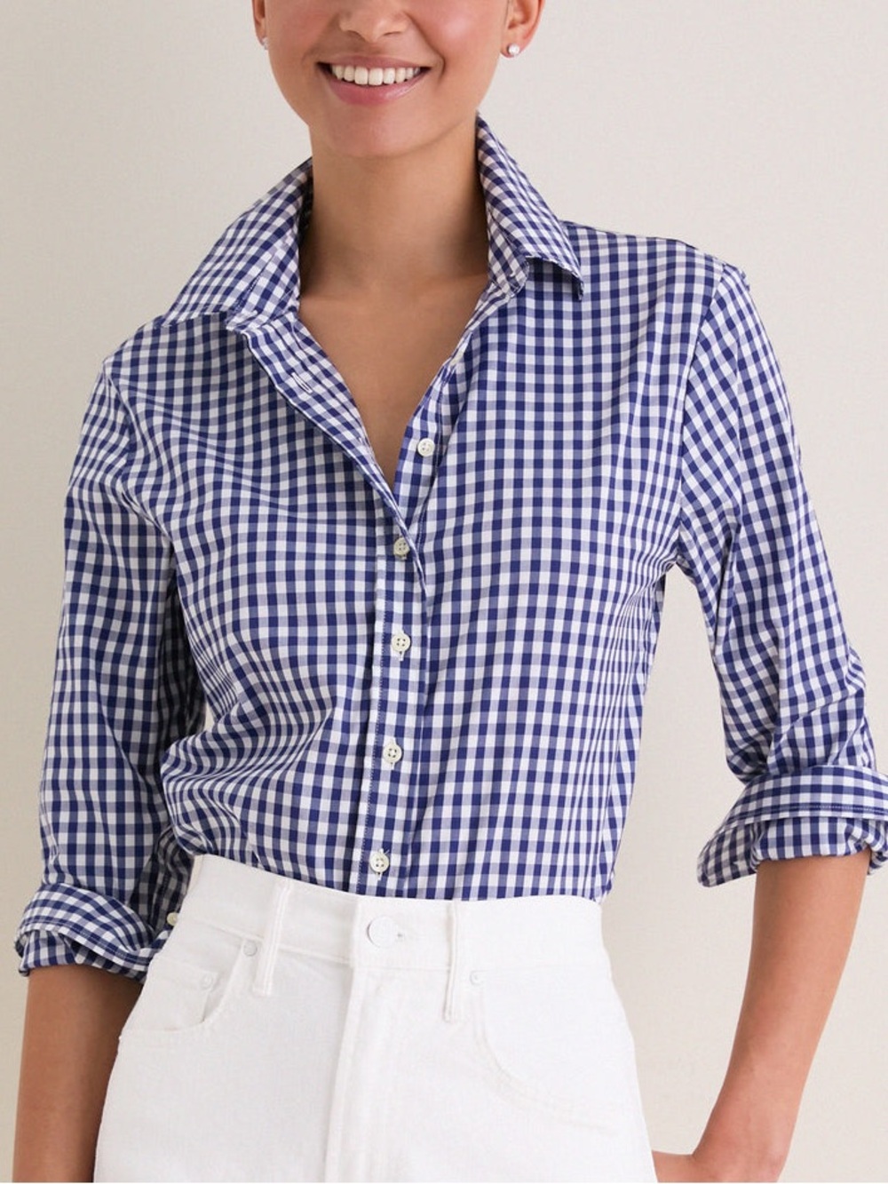 The Shirt by Rochelle Behrens Navy & White Check Long Sleeve Button Down Top
